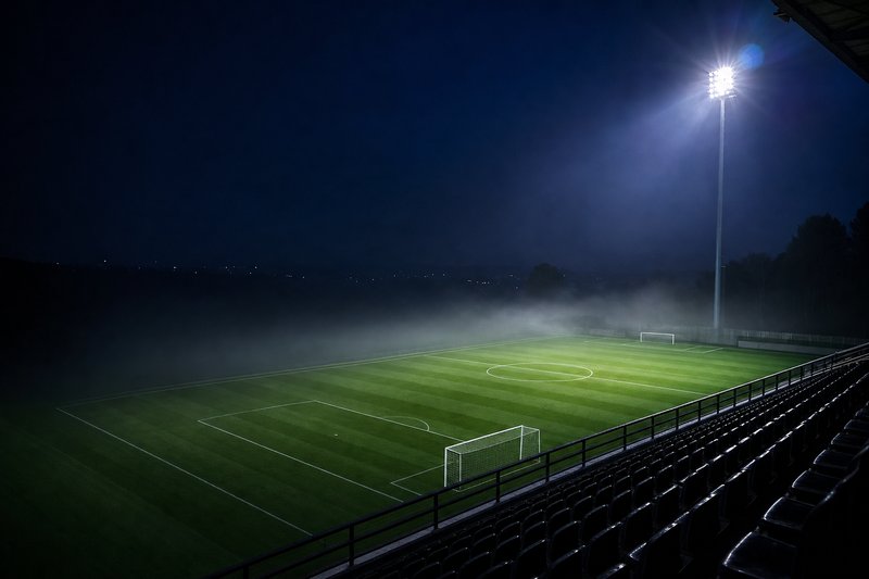 Un campo da calcio illuminato di notte visto dall’alto di una tribuna, con una torre faro e una leggera foschia – immagine generata con AI.