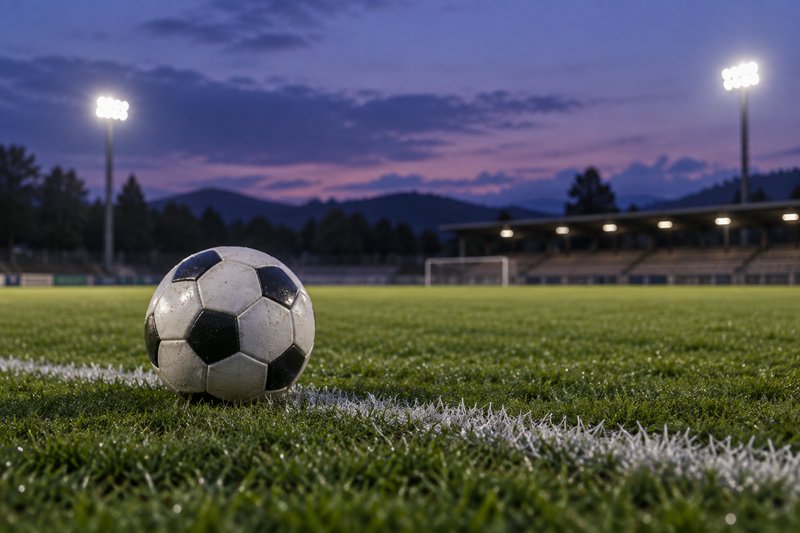 Un pallone sul prato di un campo da calcio immaginario sotto i riflettori al crepuscolo – immagine generata con AI.