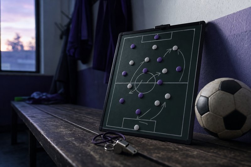 Una lavagna tattica con magneti, un fischietto e un pallone su una panca – immagine generata con AI.