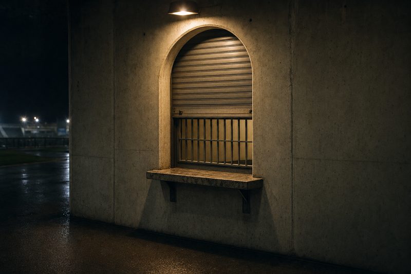 Uno sportello di biglietteria chiuso di sera, illuminato da una lampada – immagine generata con AI.