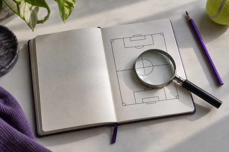 Una lente su un taccuino con uno schema del campo, una matita e una pallina da tennis – immagine generata con AI.